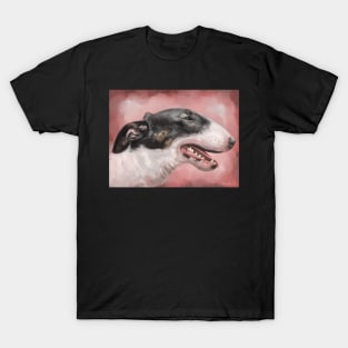 A Painting of a Black and White Bull Terrier on Pink Background T-Shirt